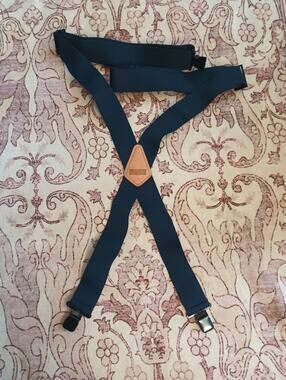 Duluth Trading Suspenders OS Navy Leather Heavy Canvas Elastic Stretch Clip On